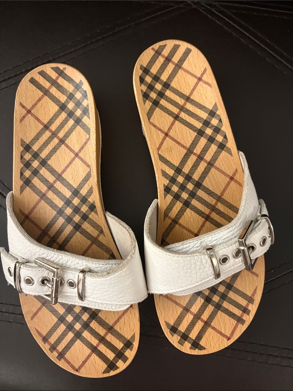 Burberry White Leather Buckle Mules with Plaid Footbed